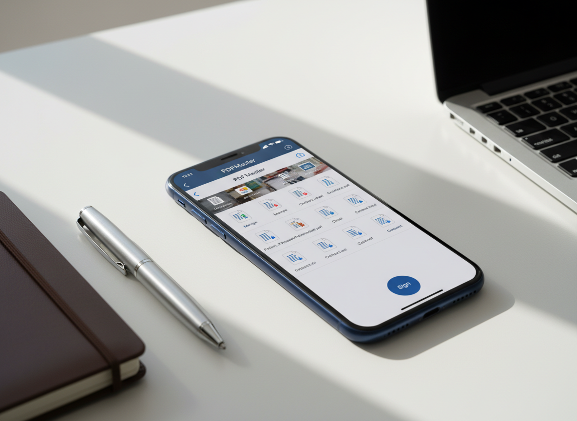 A sleek midnight-blue iPhone lying on a clean white desk, its screen displaying a sophisticated PDFMaster dashboard with neatly organized document thumbnails, editing tools, and a prominent “Sign” button. Around it, minimalistic stationery—an open metal pen, a slim leather notebook, and a silver laptop partially cropped—suggest a modern mobile workspace. Soft daylight from an unseen window creates gentle reflections on the phone’s glass and subtle shadows along the desk’s surface. Photographic realism with a clean, modern aesthetic, shot at a slightly elevated three-quarter angle with shallow depth of field, keeping the iPhone interface in razor-sharp focus while the surroundings blur into a calm, productivity-driven atmosphere.