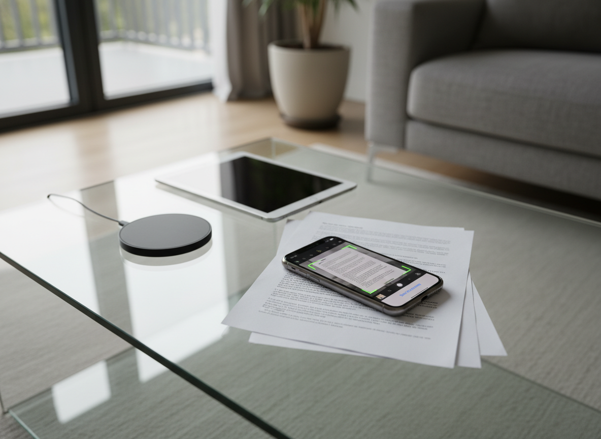An elegant glass coffee table in a contemporary living room, with a graphite-colored iPhone resting on a thin stack of printed documents. The phone screen shows a PDF being scanned with a crisp, live camera preview and perfectly aligned page edges. Nearby, a minimalist wireless charger and a closed tablet sit on the reflective glass surface. Diffused afternoon light filters in from floor-to-ceiling windows, producing soft highlights on the metal phone edges and faint shadows beneath the documents. Captured in photographic realism from a slightly elevated overhead angle, the composition emphasizes the iPhone as the central tool for transforming paper into digital, with a calm, sophisticated, home-working mood.