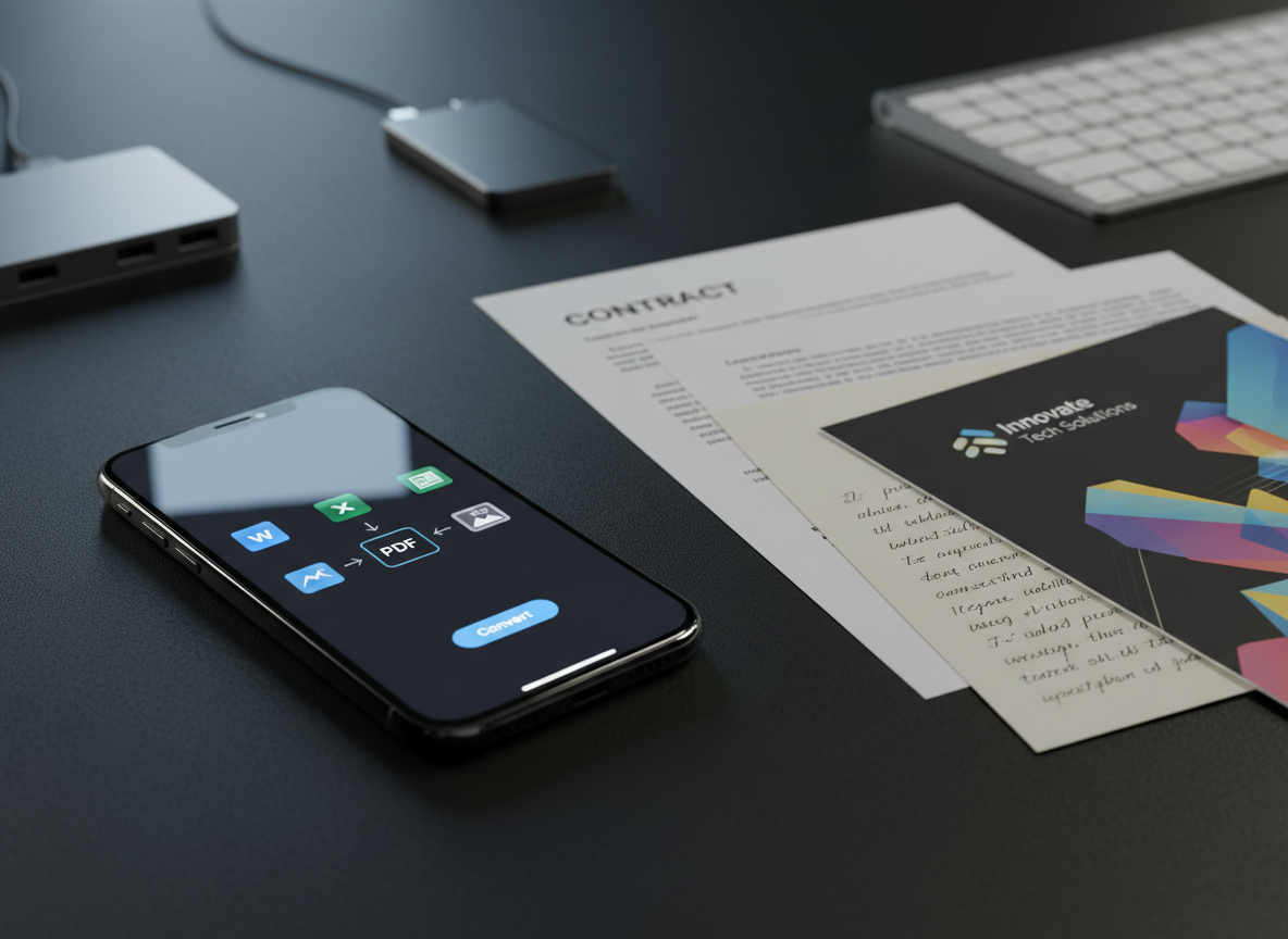 A close-up of a refined iPhone on a matte black workspace, its screen displaying a PDF conversion interface with clear icons for Word, Excel, and image formats. Next to it lies a neatly arranged trio of physical documents: a printed contract, a colorful brochure, and a handwritten note on cream paper, all slightly overlapping. A slim, brushed-aluminum keyboard and a minimalist USB-C hub are blurred in the background. Cool, focused desk lighting from the upper left creates crisp, directional highlights along the phone’s edges and gentle gradients across the paper textures. Photographic realism, shot at eye level with a shallow depth of field, conveying a precise, efficient, tech-savvy atmosphere.