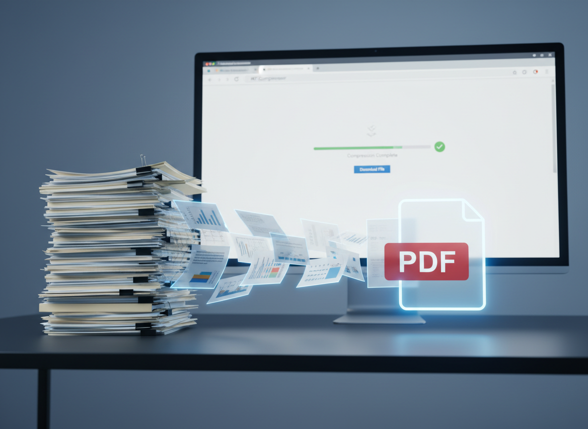 A stack of thick printed documents on the left transforming visually into a single neat, semi-transparent PDF icon on the right, hovering above a dark matte desk surface. Subtle motion blur suggests pages merging and compressing into one clean digital file. A large computer monitor in the background shows a browser window with a simplified progress bar and checkmark indicating successful PDF compression. Cool, even studio lighting creates crisp reflections yet keeps the mood clean and controlled. Photographic style with a slightly elevated angle and strong depth of field, emphasizing efficiency, space-saving digital management, and clutter-free organization of PDFs online.