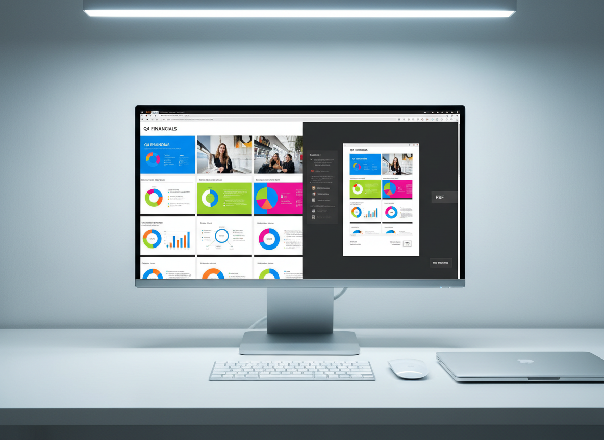 A high-resolution computer monitor on a minimalist white desk displaying a side-by-side view of a colorful PowerPoint slide deck converting into a polished PDF preview. On one side, slides with bright charts and images; on the other, a perfect PDF replica with crisp text and graphics. A compact keyboard and a wireless mouse sit neatly below, next to a slim, closed laptop. Soft, cool-toned office lighting from overhead and a faint glow from the screen gently illuminate the scene. Photographic realism with a centered composition and sharp focus, conveying precise, reliable PDF conversion from multiple formats in a professional, modern environment.