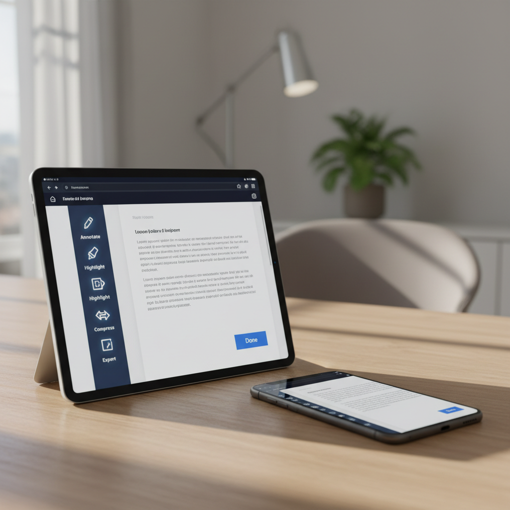 A close-up of a glossy tablet and a modern smartphone side by side on a light oak table, both screens showing the same PDF being edited in a browser-based tool. Visible interface elements include a toolbar with icons for annotate, highlight, compress, and export, plus a prominent “Done” button. The background fades into soft bokeh of a contemporary home office. Diffused afternoon light from the left casts subtle shadows and highlights the glass surfaces. Photographic realism with a shallow depth of field and rule-of-thirds composition, conveying seamless cross-device PDF editing that feels intuitive, secure, and ideal for both iPhone and desktop use.